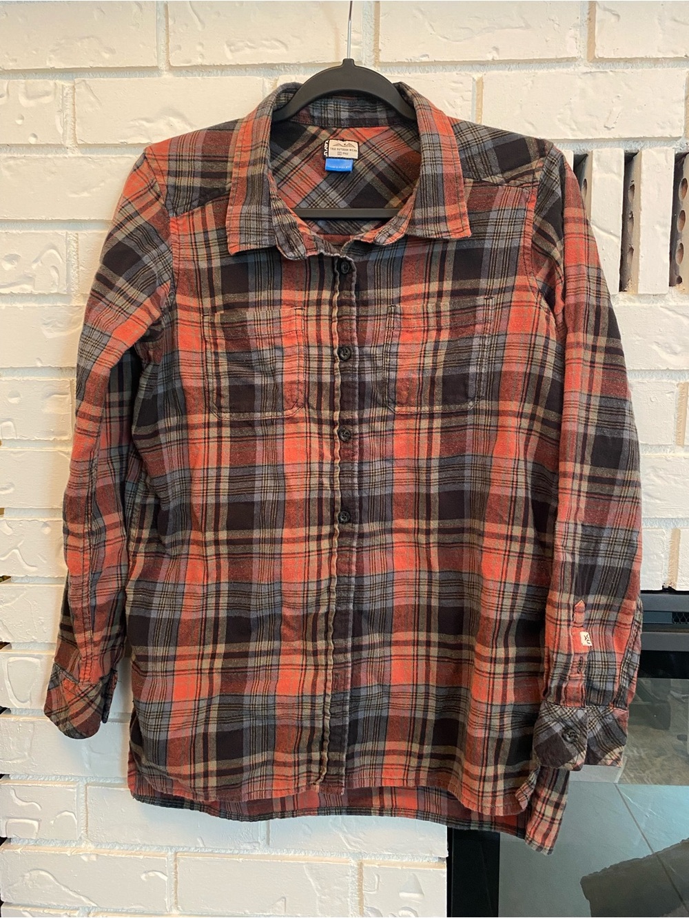 Kavu Plaid Flannel Button Up Shirt XS Orange Navy Rustic Outdoor Style